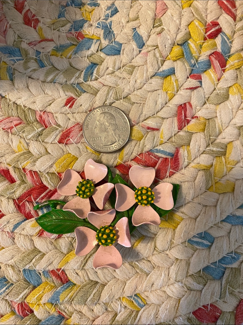 Vintage Enamel Flower Brooch Pink Green Statement Pin Retro